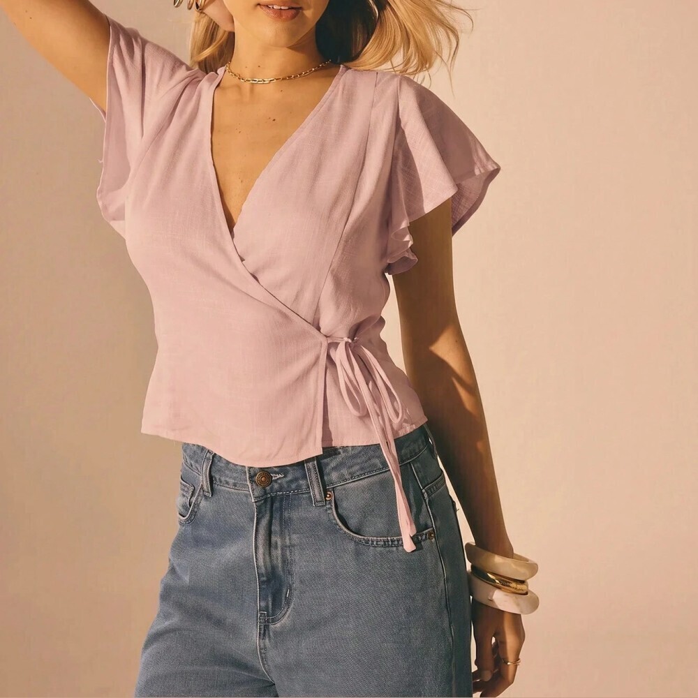 Blush Pink Wrap Top with Flutter Sleeves and Tie Waist